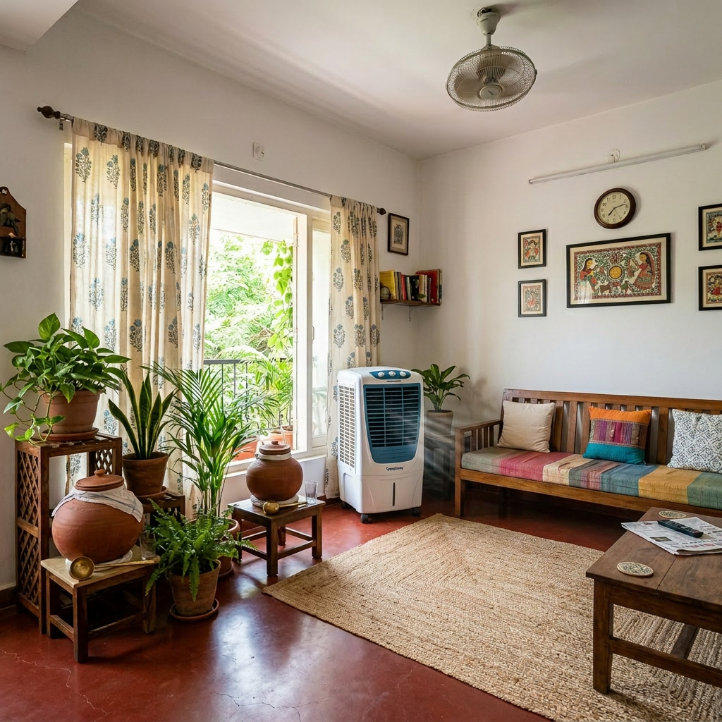 Woman sitting on floor reading book in a bright living room with plants and wooden furniture
