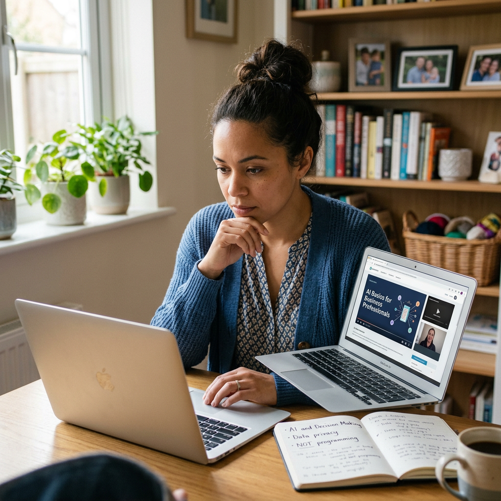 Woman learning artificial intelligence on a laptop at home