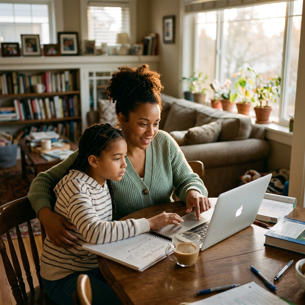 Mother helping daughter with homework on a laptop at home