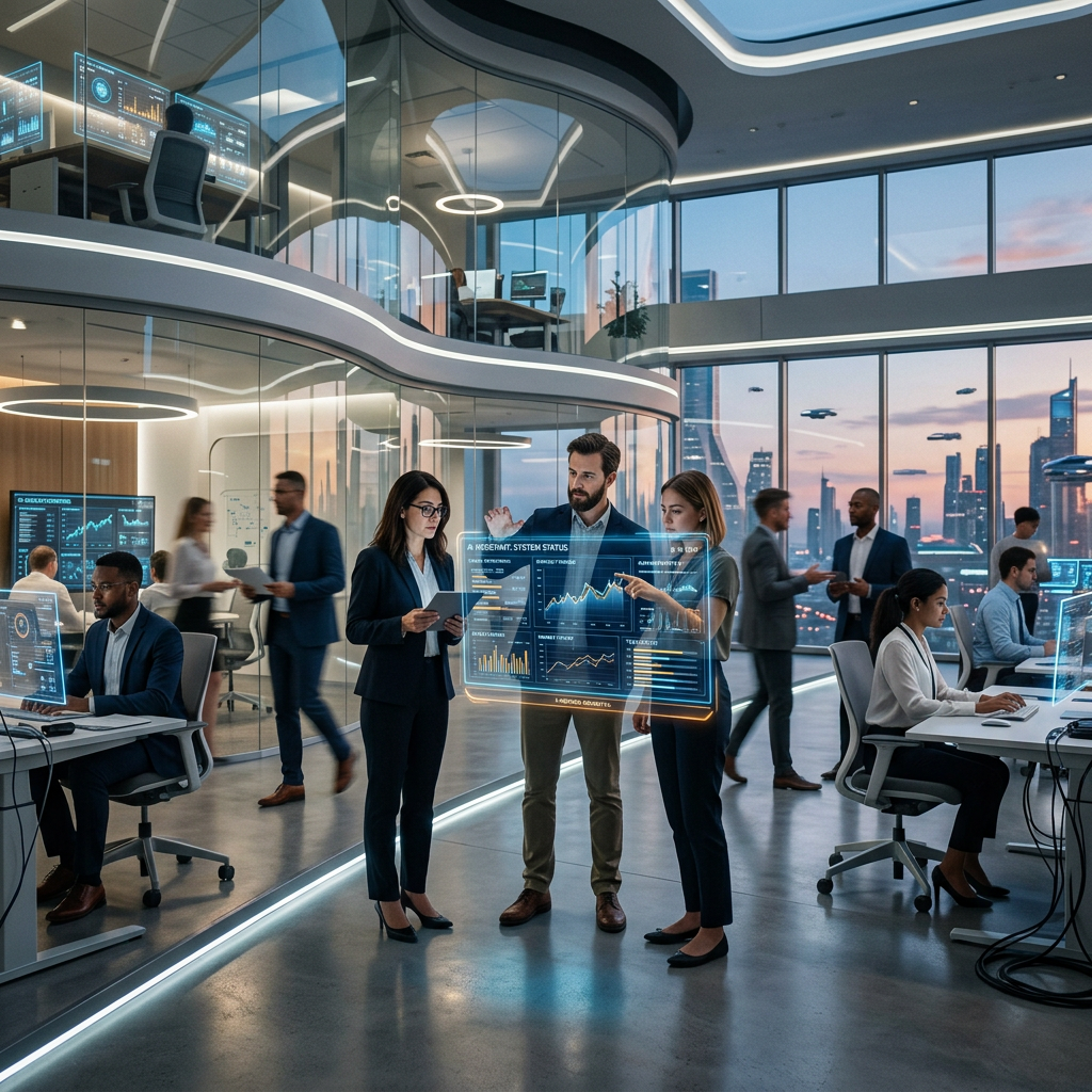 Three professionals discussing interactive digital data displays in a futuristic office