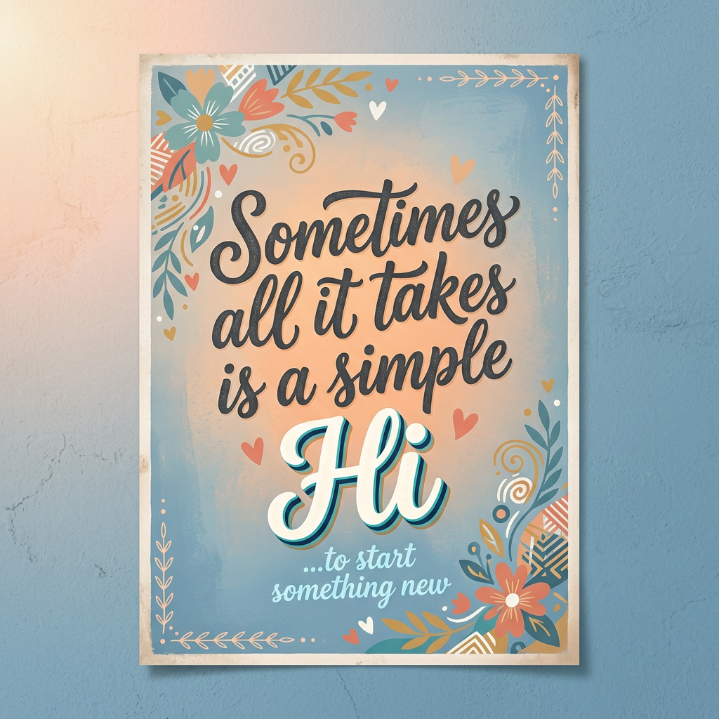 Poster with text saying sometimes all it takes is a simple Hi to start something new surrounded by floral and heart illustrations