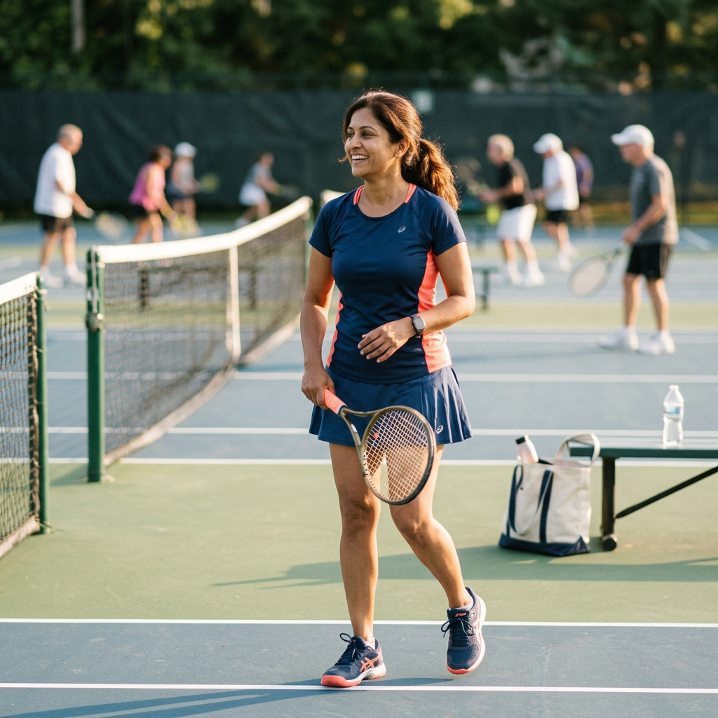 Smiling tennis player holding a racket on an outdoor court