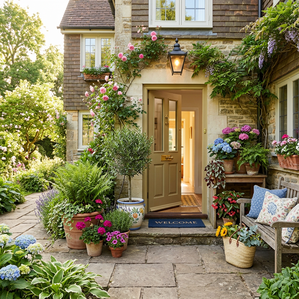 Flower-filled cottage entrance with open door, potted plants, and welcome mat