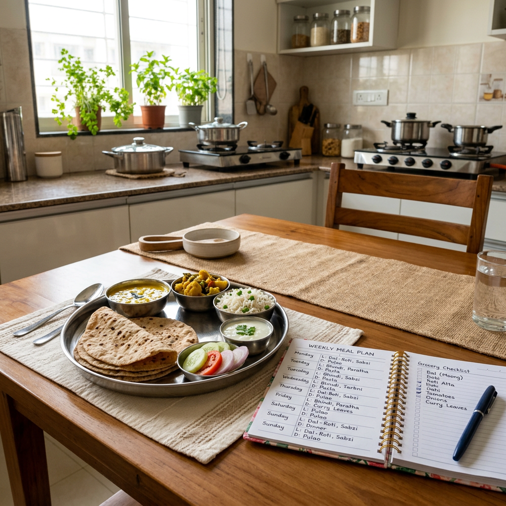 Indian vegetarian meal with weekly planner